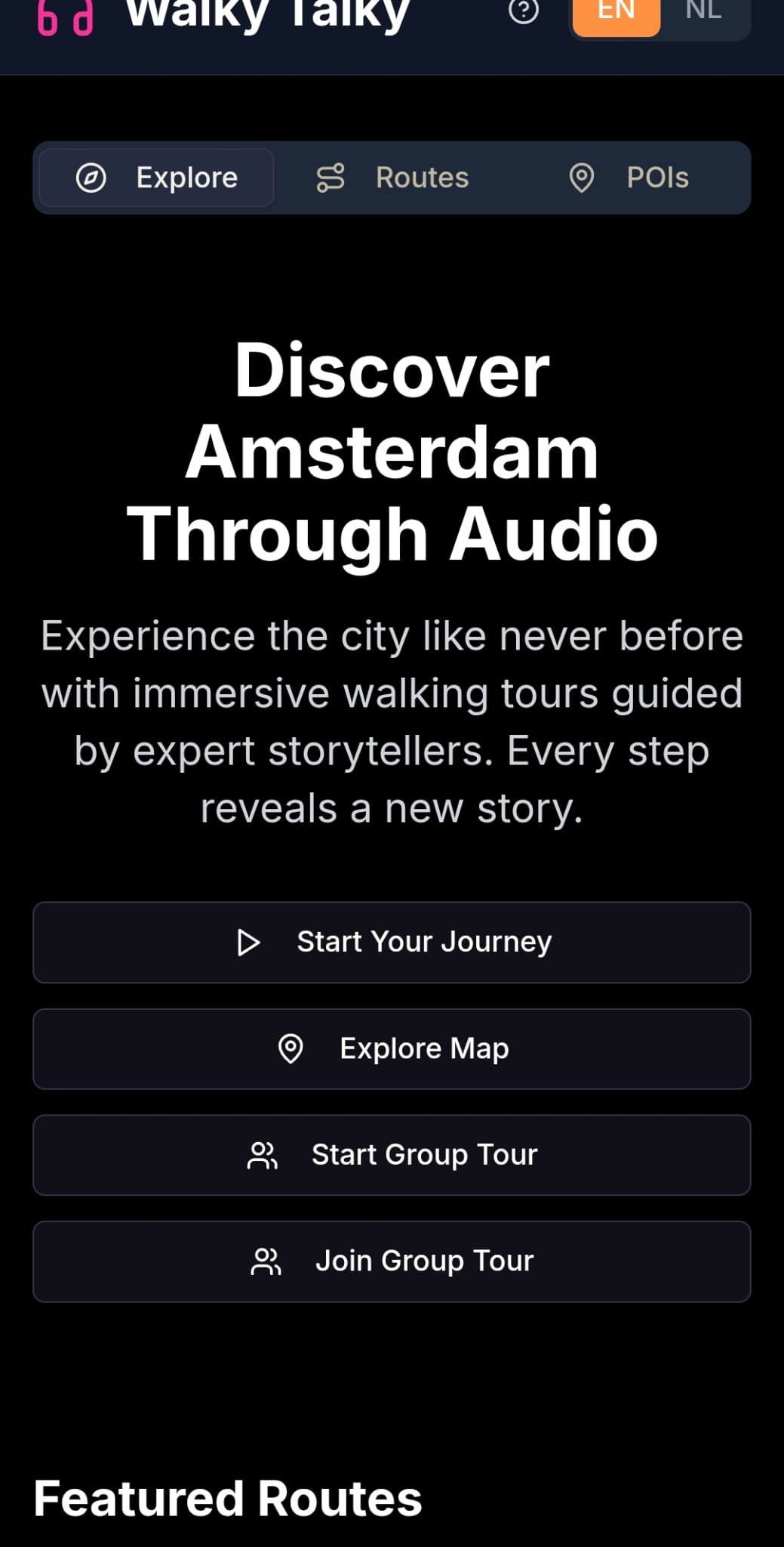Walky Talky home screen: Discover Amsterdam Through Audio